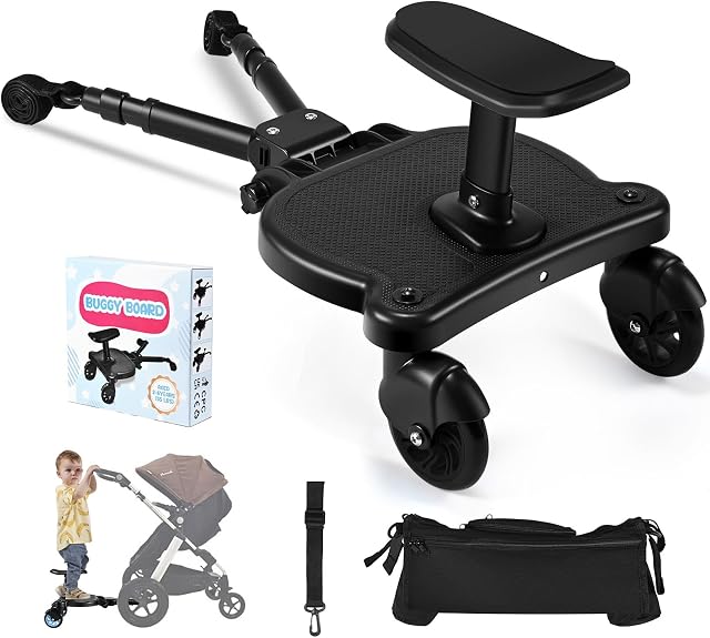 BugyKido Universal Buggy Board with Seat, Kiddy Board with Pram Organiser Bag, Pram Standing Board Compatible with Over 99% of Pushchairs, for Children from 2-6 Years, Load 55 lbs