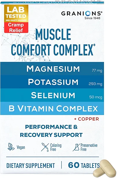 Granions Muscle Comfort Complex – Natural Tense Muscle Relaxer Pills Magnesium, Potassium, Selenium, Copper, B Vitamins – Daily Relaxant for Relief from Cramps, Spasms & Joint Discomfort – 60 Tablets