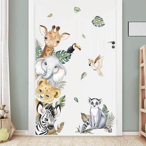 Miniatura 2 de decalmile Calcomanías de pared para puerta, diseño de animales de la selva, elefante, jirafa, para habitación de niños, habitación de bebé