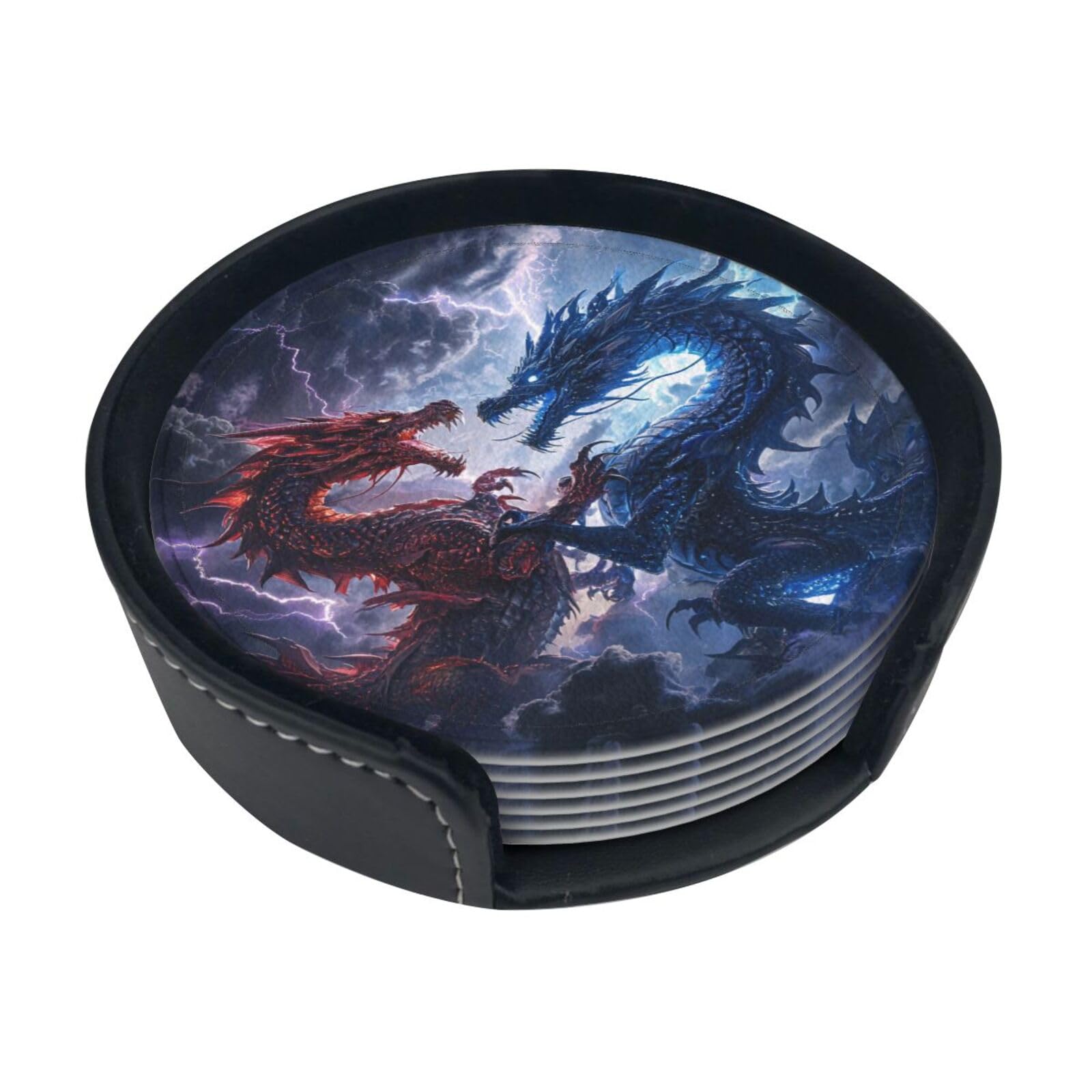 Dragon Fight Sky Leather Coasters-Set of 6 with Storage Holder
