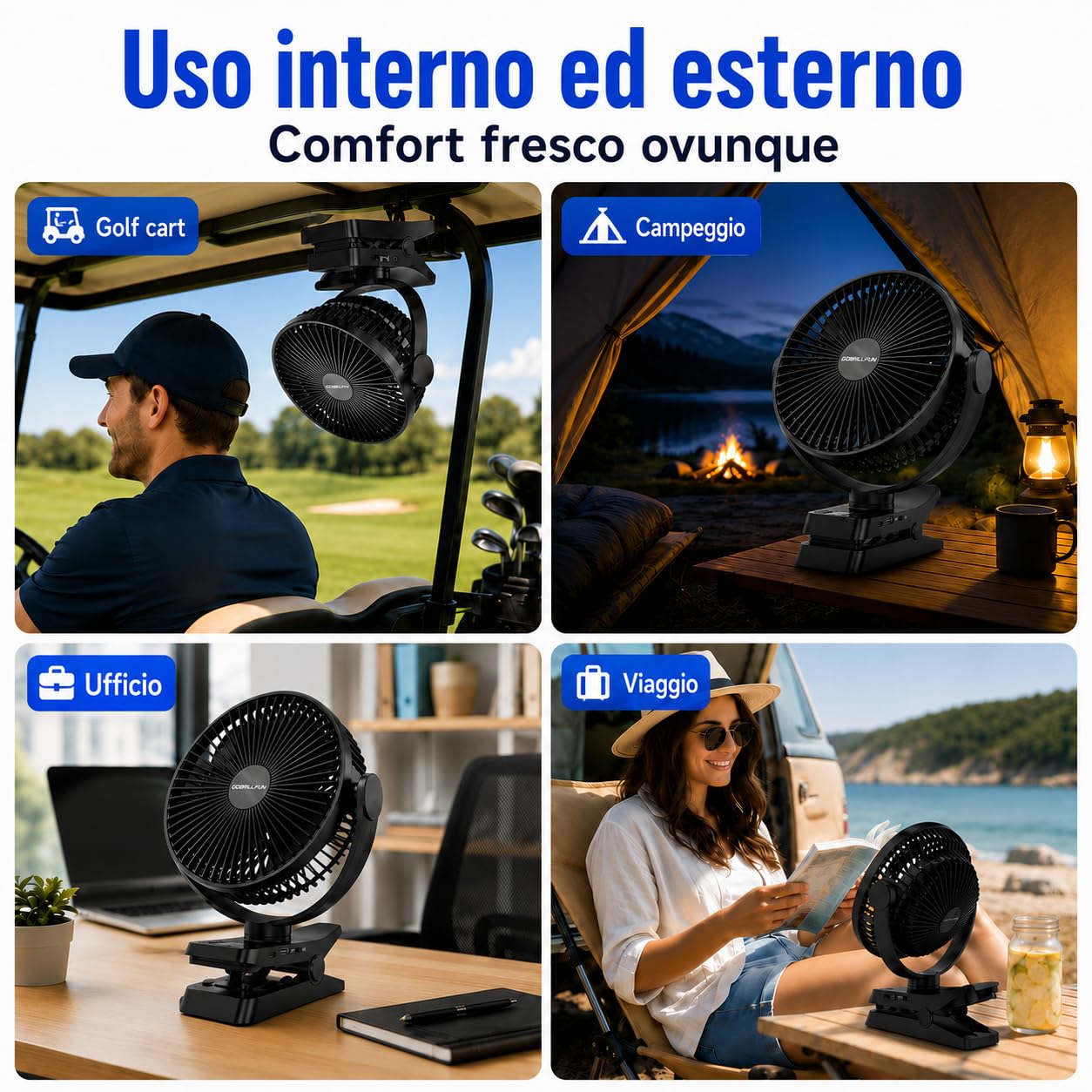 Ventilatore a clip da 12000 mAh con telecomando, ricaricabile tramite USB con luci LED, ventilatore a batteria con 5 velocità per ufficio, viaggi all'aperto, campeggio, tenda (8,3 pollici)