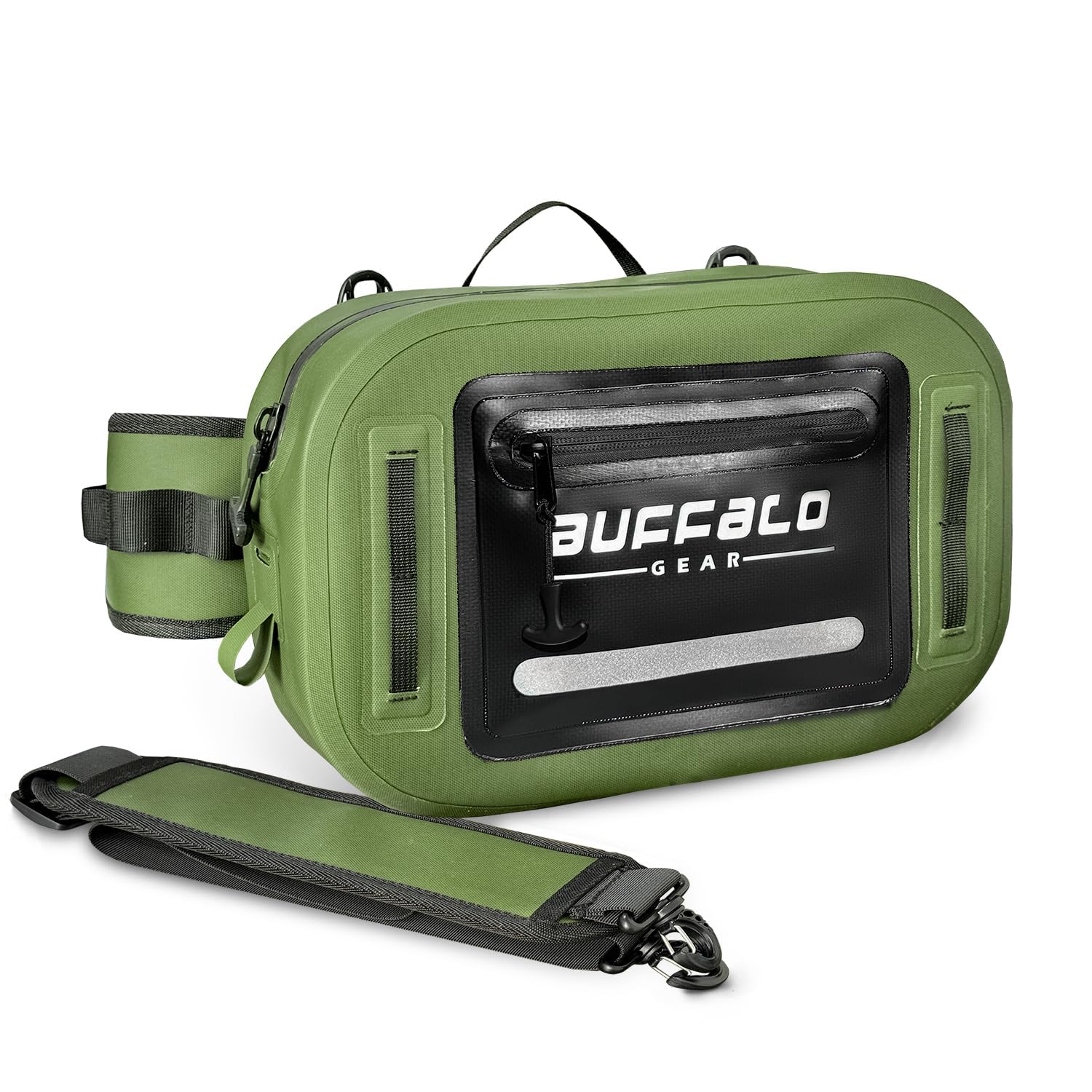 Buffalo Gear Wasserdichte Angelgürteltasche, 8,9 l, mit luftdichtem Reißverschluss, für Fliegenfischen, Kajak, Camping, Outdoor-Sport, Grün
