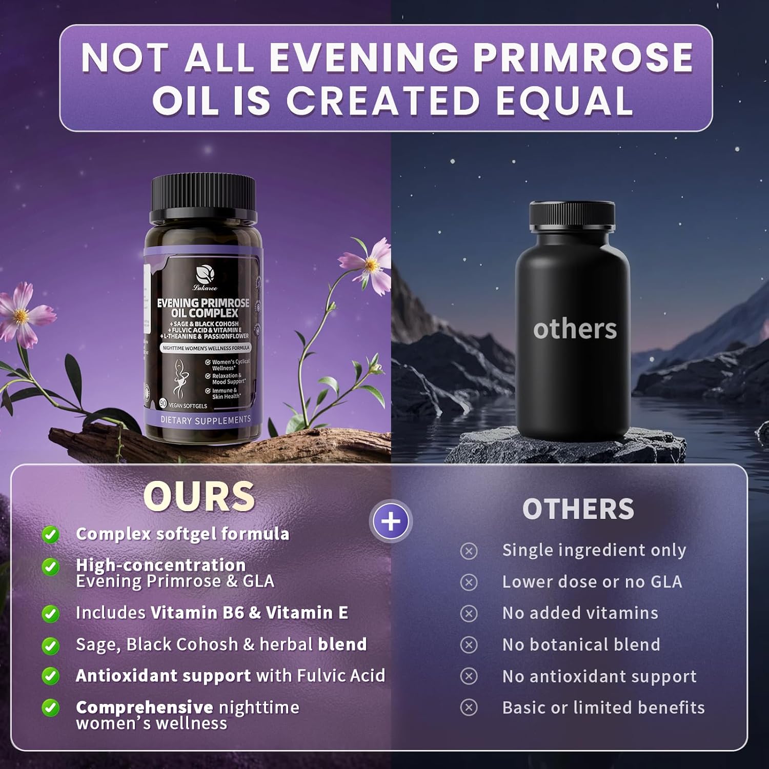 Lukaree 2 Pack Evening Primrose Oil Complex for Women – Hormone Wellness with Cold-Pressed EPO, 10% GLA, Sage, Fulvic Acid, L-Theanine – Cyclical Balance, Mood, Skin & Immune Health, 180 Softgels