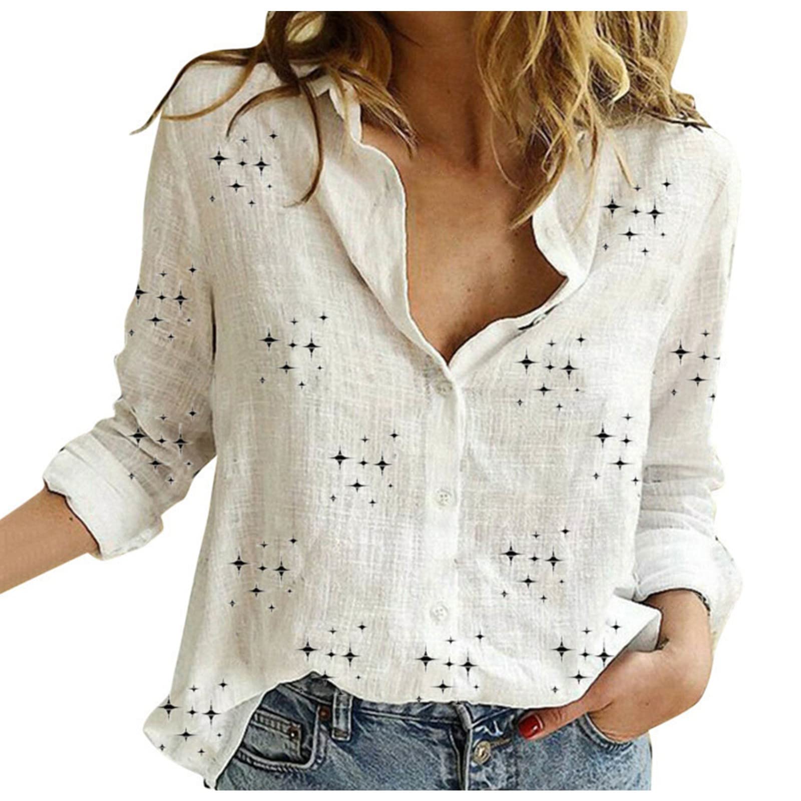 Womens Vintage Print Tee Shirt Long Sleeve V Neck Tops Trendy Button Down Tunic Loose Fit Casual Blouse for Women