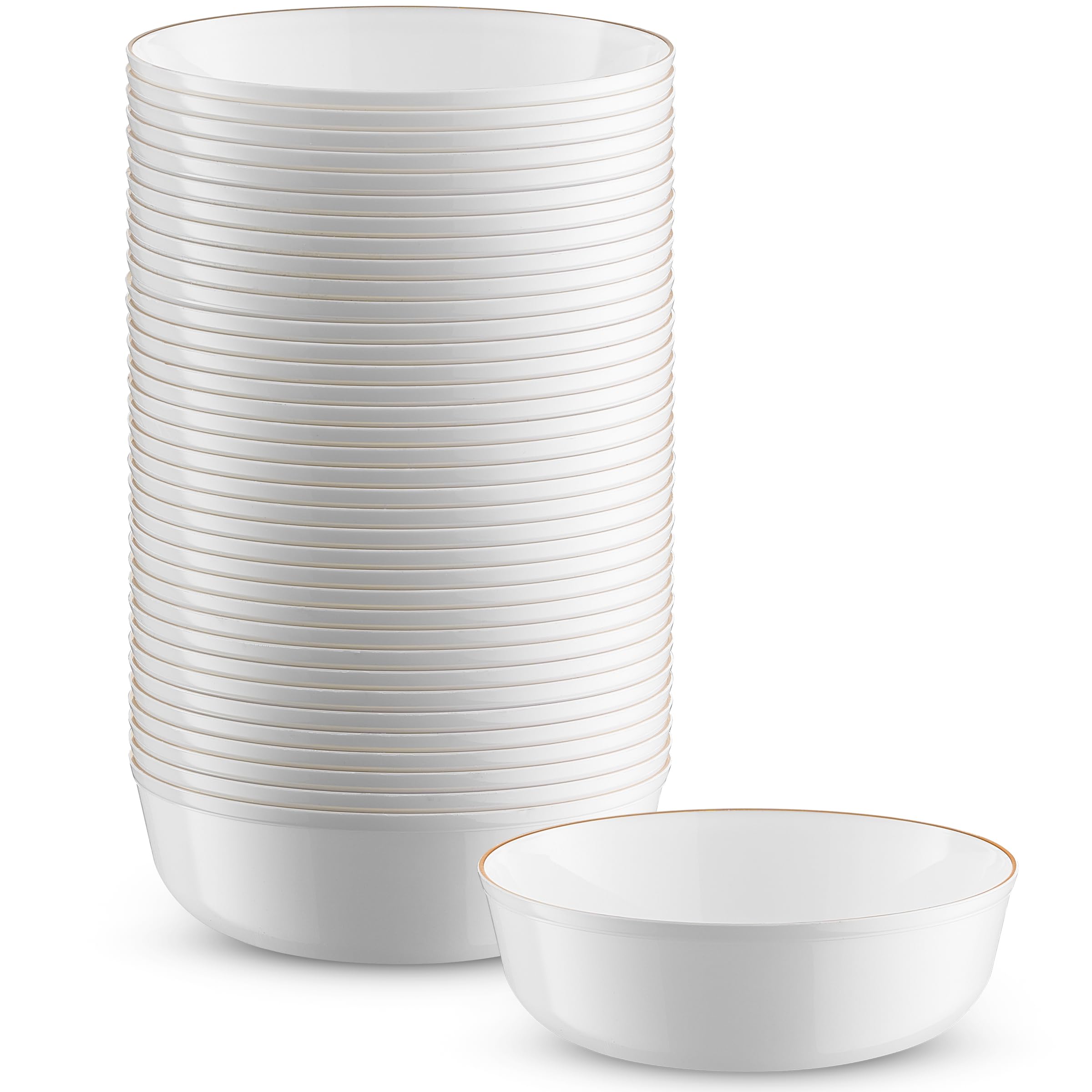 BloominGoodsDisposable Plastic Dessert Bowls, 50-Pack 6 Oz. Small Heavyweight White With Gold Rim Bowls For Party, Wedding Or Event