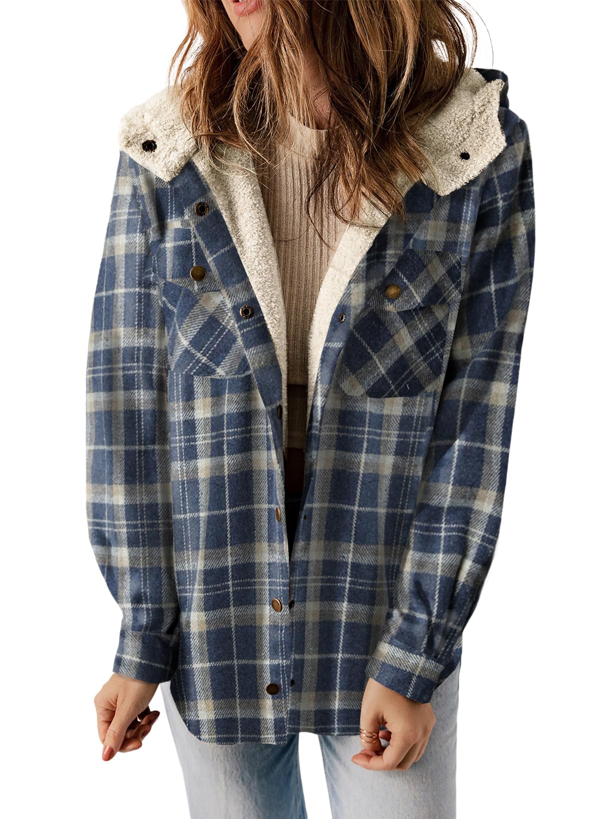 DokotooWomens Plaid Shacket Jacket Long Sleeve Button Down Fleece Hooded Jackets Warm Coat