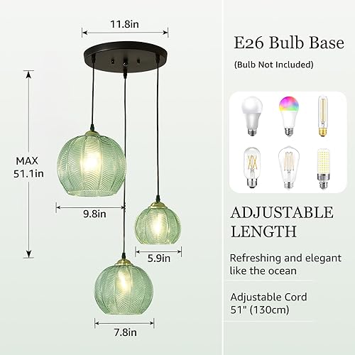 Miniatura 3 de Lámpara colgante de 3 luces con forma de globo de cristal para isla de cocina, lámpara colgante moderna de mediados de siglo con acanalado verde,