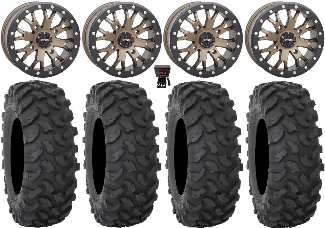 Bundle - 9 Items: System 3 SB-4 Bronze (6+1) 15" Wheels 33" XTR370 Tires [4x156 Bolt Pattern 12mmx1.25 Lug kit]