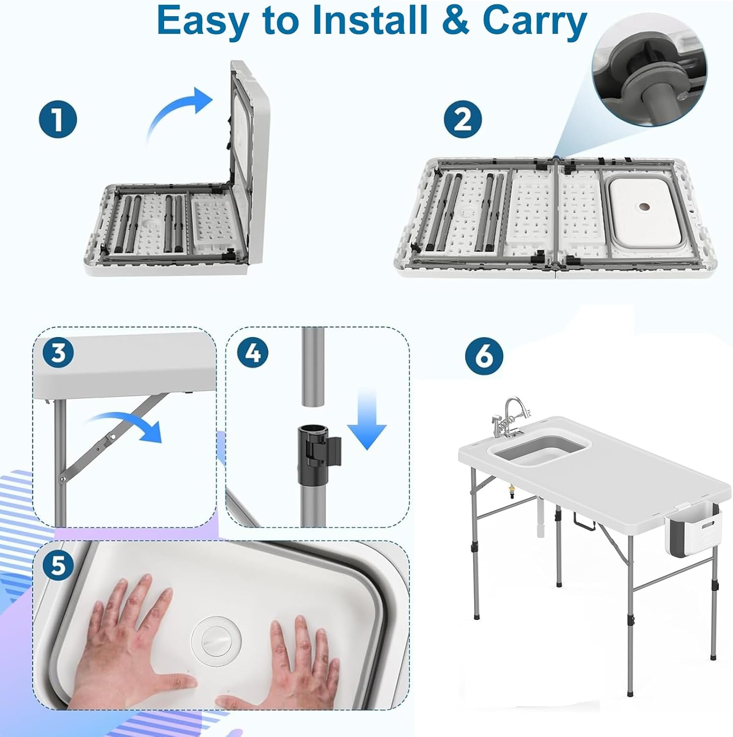 GarveeLife Folding Fish Cleaning Table, Fold-in-Half Folding Camping Kitchen Table with Foldable Sink, Portable Collapsible wash Basin, Outdoor Sink Station with Drainage Hose for Camping, White