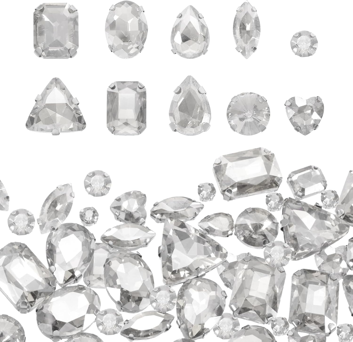 sourcing map 100Pcs Sew on Rhinestones, 7-18mm Mixed Shapes Flatback Glass Crystal Sewing Gems with Silver Claw Prong Setting for Crafts Clothing Shoes Accessories, White(Style 1)