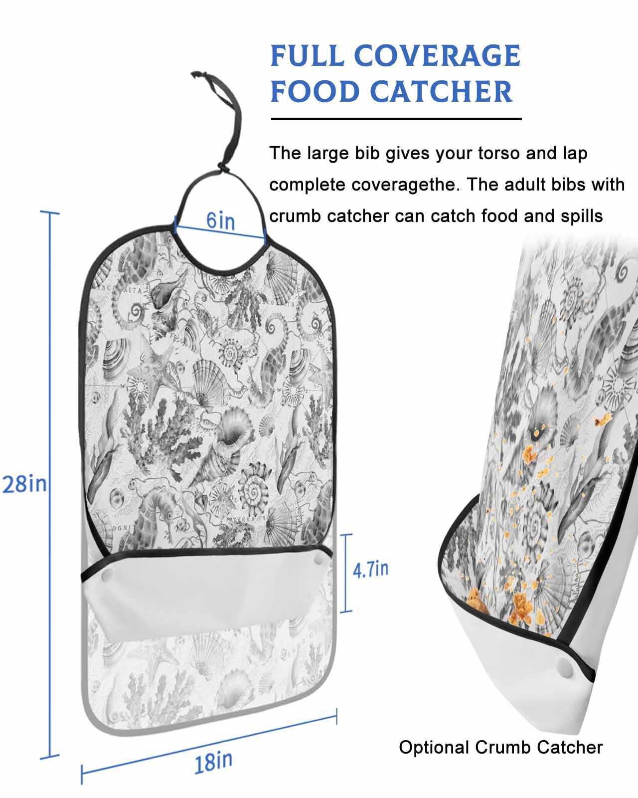 Coastal Grey Adult Bib for Eating with Crumb Catcher,Nautical Ocean Shell Conch Starfish Seahorse Washable Waterproof Terry Cloth Adjustable Elderly Women Men Adult Bibs Funny Apron Clothing Protector