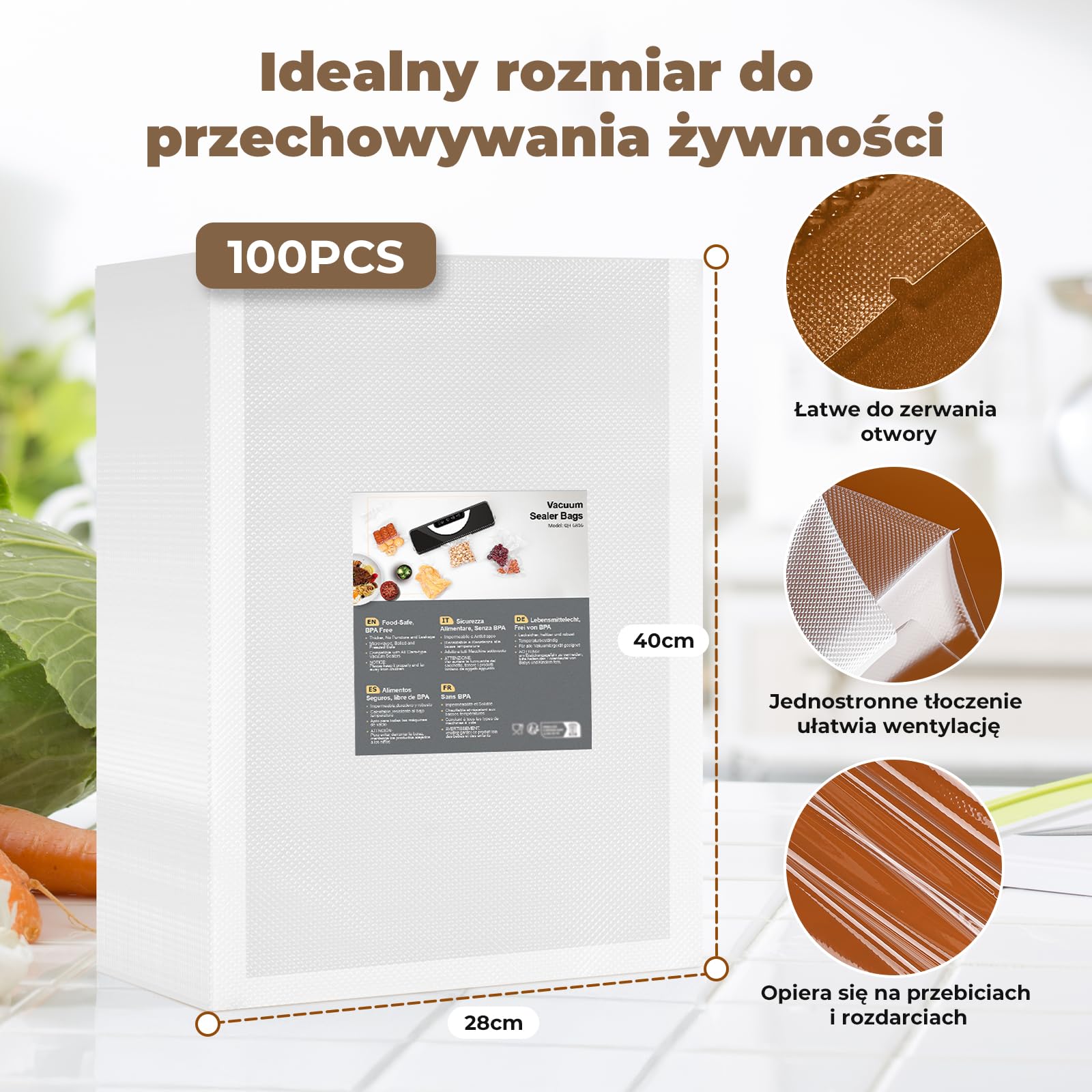 Worki Próżniowe do żywności 100 worków 28 x 40 cm, Profesjonalne Worki Foliowe do Zgrzewacza Próżniowego bez BPA, do Zamrażani/Sous Vide/świeżość, Mocne i Odporne na Rozerwanie
