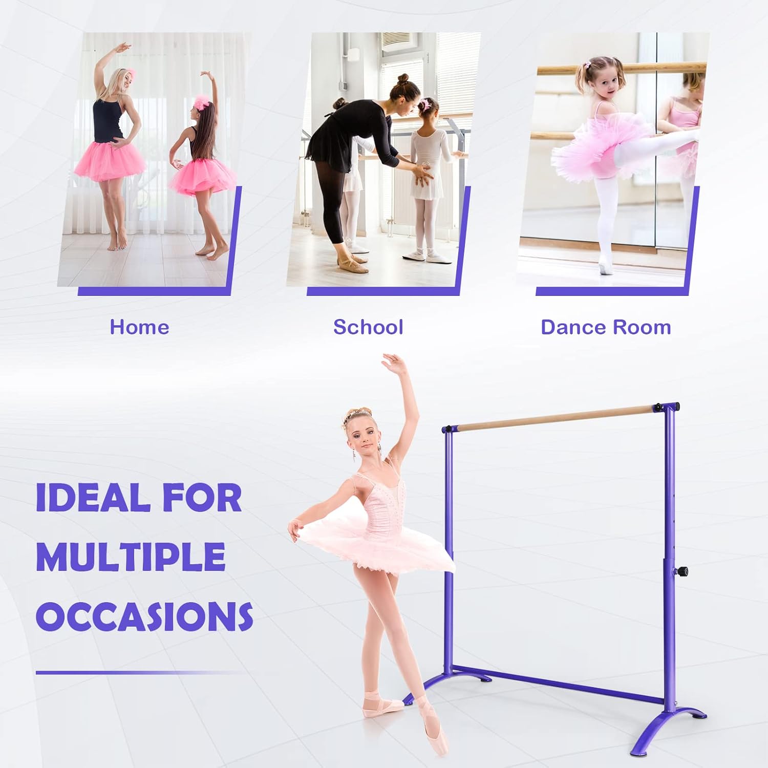 GOFLAME Ballet Barre Portable, 51” Freestanding Dancing Bar with 4-Position Adjustable Height for Kids & Adults, Fitness Stretching Bar with Foot Pads for Home, Gym, Dance Room, Easy Assembly