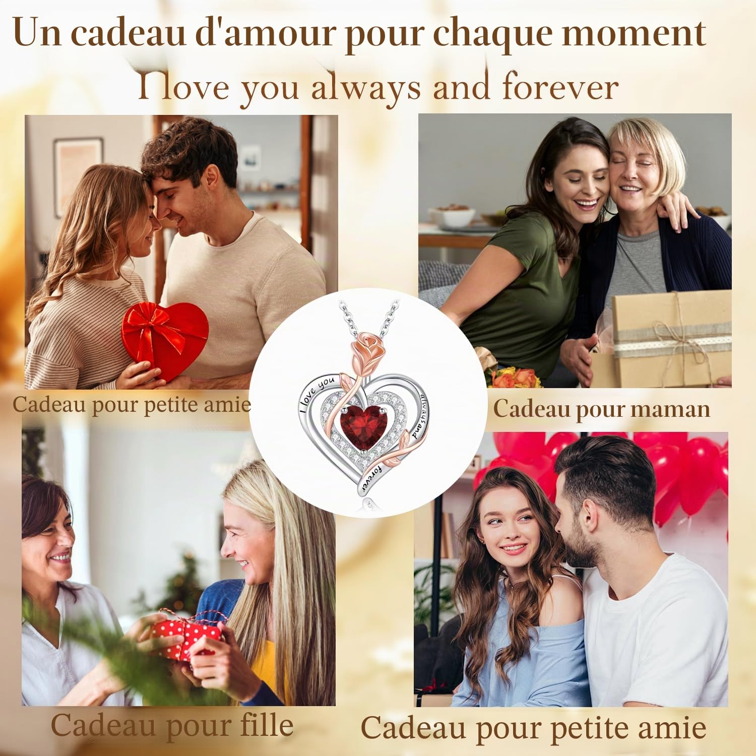 LAVUMO Collier Femme Argent Double Coeur Rose Pendentif Bijoux Cadeau