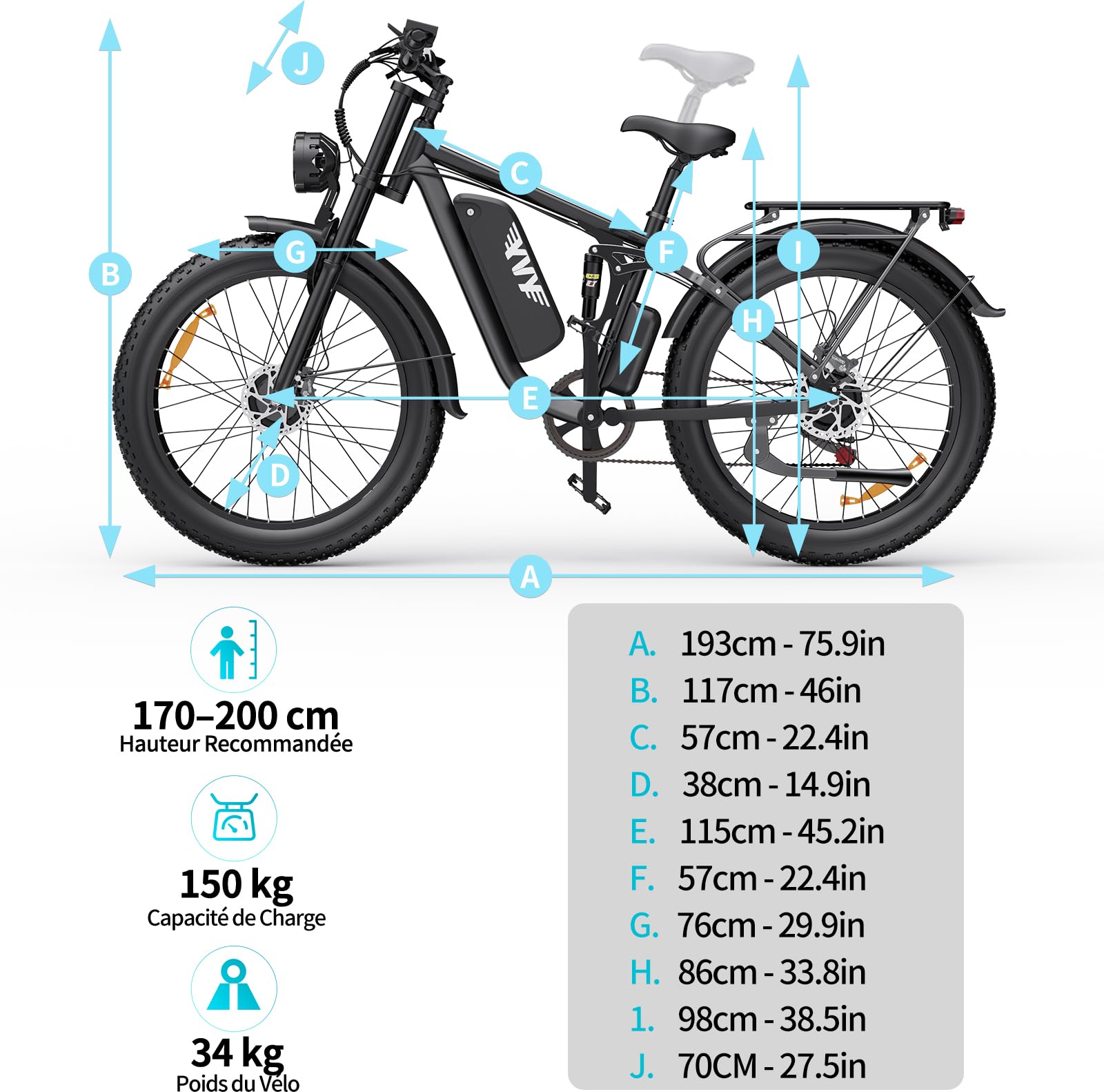 YVY C26 Pro Vélo Électrique, Autonomie 120km, Batterie Amovible 48V 23Ah, Double Moteur 180Nm, Fat Bike Électrique, VTT Électrique 7 Vitesses, E-Bike Double Suspension, Double Disque, Écran LCD