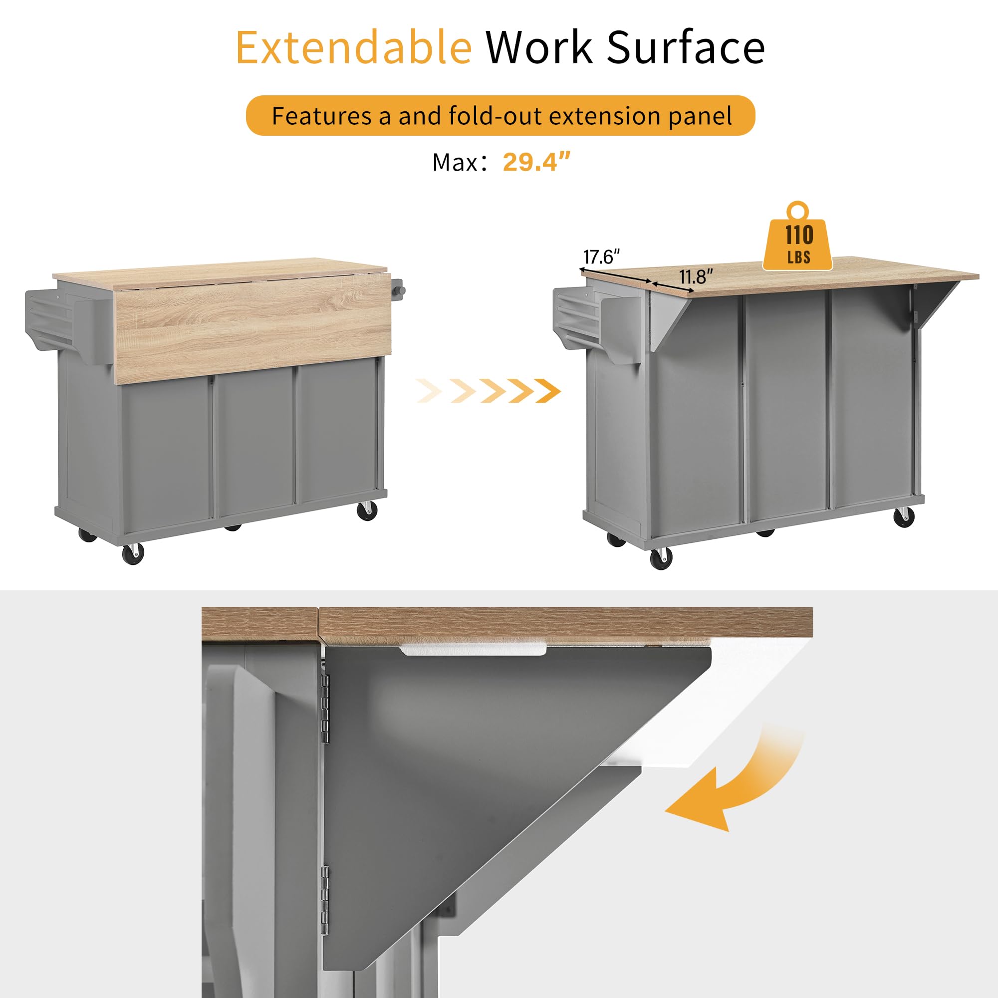 Isola cucina con ruote, zona pranzo estraibile, pattumiere e cassetti, mobile, ideale per cucina e sala da pranzo (grigio)