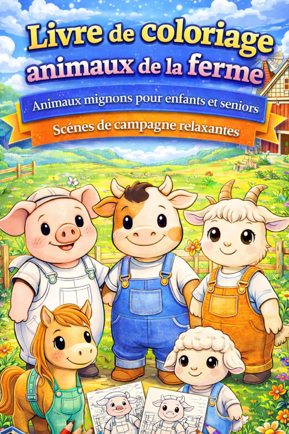 Livre de coloriage animaux de la ferme – Animaux mignons pour enfants et seniors | Scènes de campagne relaxantes: 82 illustrations adorables sur 167 pages – animaux de la ferme et paysages paisibles