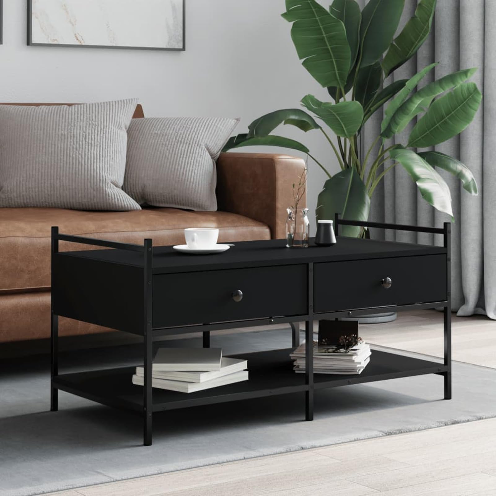 Homgoday Tavolino da caffè nero, 99 x 50 x 50 cm, in legno ingegnerizzato, tavolino da tè per soggiorno, sala d'accoglienza degli ospiti, camera da letto e mobili da ufficio