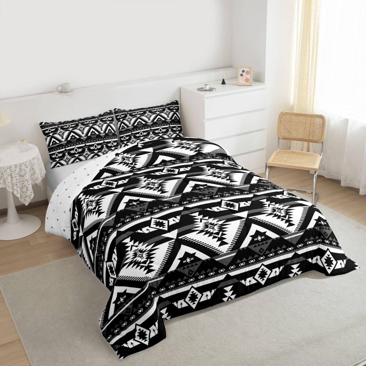 Feelyou Western Comforter Set All Season Southwestern Aztec Bedding Set with 2 Pillow Cases Geometric VintageKids Queen Bedclothes Boho Tribal Bedroom Decor Black and White Duvet Quilt