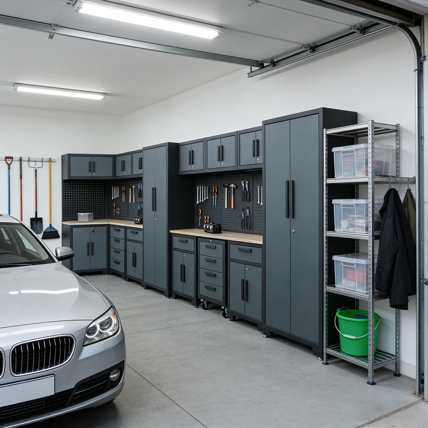 Garage Cabinets and Storage System, 17PCS Garage Storage Cabinet System Corner Workshop Set with Corner Cabinet, Cabinet Drawers, Workbench, Pegboard for Tool Organization, Black Grey