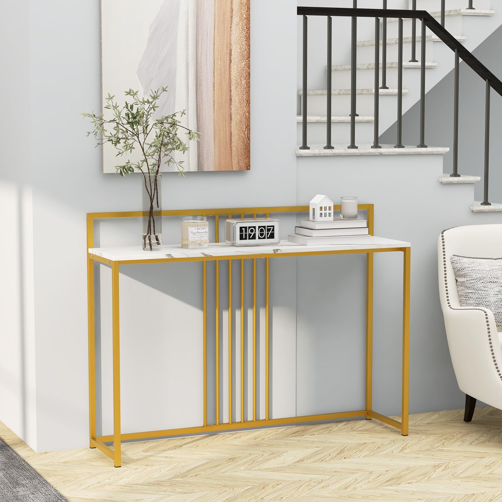 RELAX4LIFE Tavolo Consolle 120x32x89CM, Tavolo da Ingresso con Piano in Finto Marmo, Struttura in Metallo, Kit Antiribaltamento, Tavolino Moderno per Ingresso, Soggiorno, Camera da Letto (MODELLO 2)