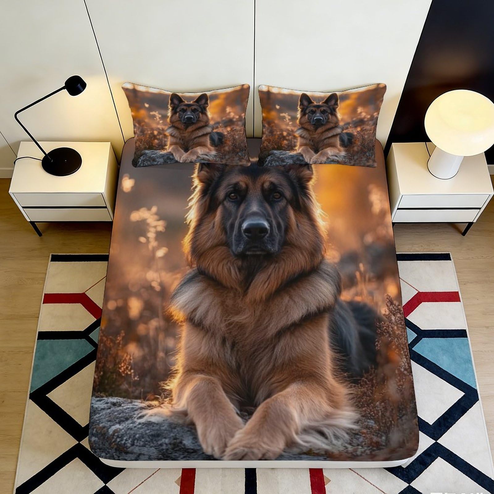 3D Printed German Shepherd Dog Fitted Sheet Microfiber Soft Brown Autumn Forest Bed Cover for Bedroom Decor 200x200x25cm
