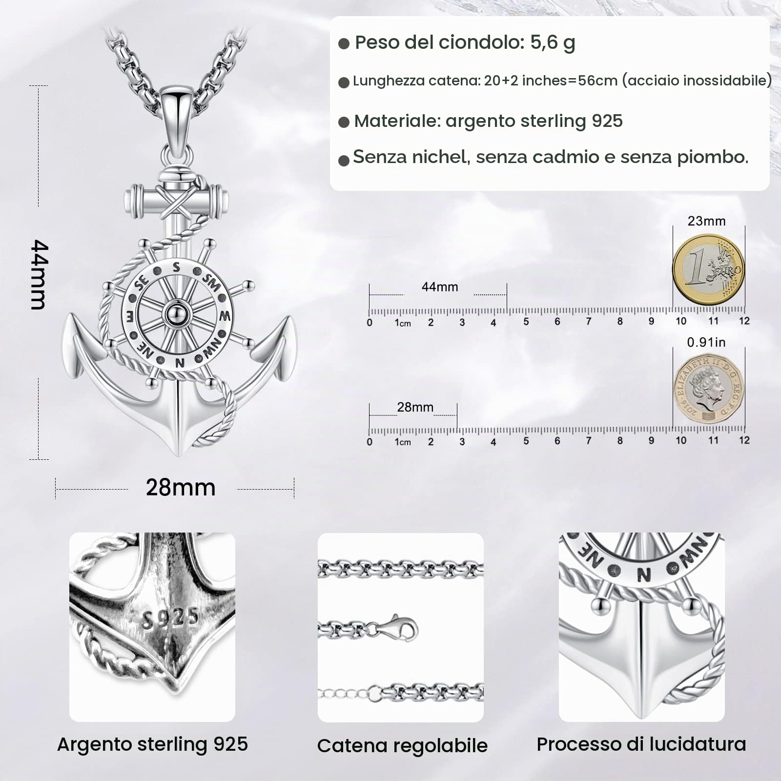 Eusense 925 Collana con Bussola in Argento Sterling Ciondolo con Bussola Regalo di Laurea Gioielli per Uomini Donne