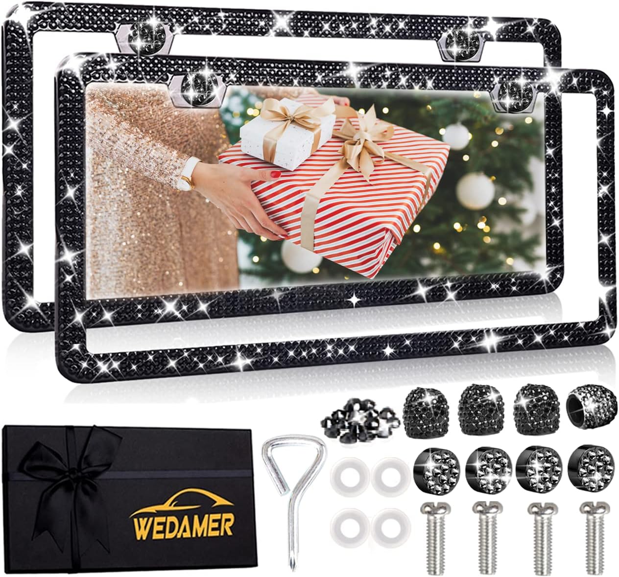 WEDAMER 2 Pack Black Bling License Plate Frames for Women, Sparkly Rhinestone Diamond License Plate Frame Glitter Bedazzled Car License Plate Cover Holder with Bling Tire Valve Caps (Giftbox)
