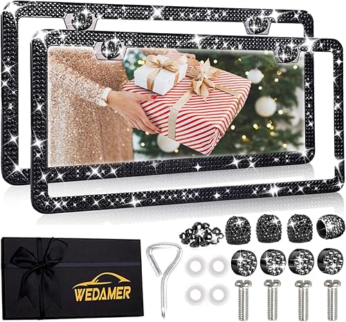 Miniatura 10 de WEDAMER Marco de matrícula para mujer (2 unidades, caja de regalo) marco de placa de matrícula brillante de diamantes brillantes, marco de placa de