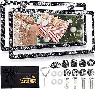 2 Pack Black Bling License Plate Frames for Women, Sparkly Rhinestone Diamond License Plate Frame Glitter Bedazzled Car License Plate Cover Holder with Bling Tire Valve Caps (Giftbox)