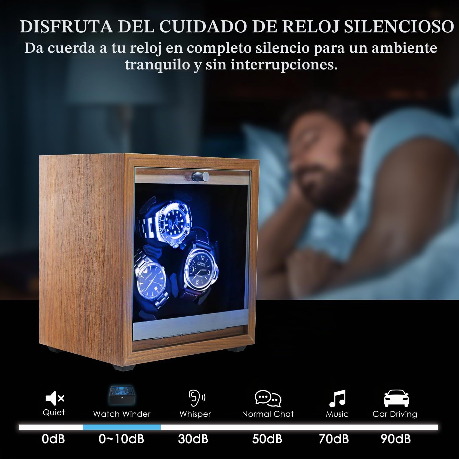 Caja Giratoria para Relojes Automáticos, Caja Giratoria con 3 Relojes Automáticos | 4 Modos de Rotación | Luz LED Azul | Almohadilla de Espuma | Vitrina de Madera, Función de Parada con Tapa Abierta