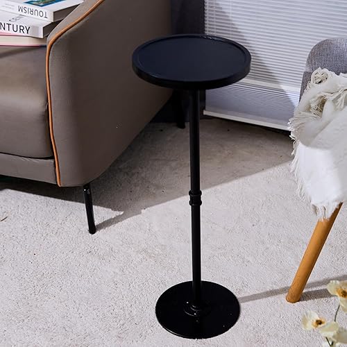 Miniatura 7 de Mesa de cóctel redonda, soporte moderno de pedestal para bebidas, color negro con parte superior de madera, mesa auxiliar pequeña para sala de