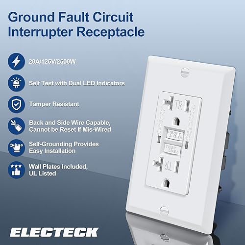 Miniatura 2 de ELECTECK Paquete de 10 salidas GFCI de 20 amperios, resistentes a manipulaciones (TR), receptáculos GFI de autoprueba con indicador LED, interruptor