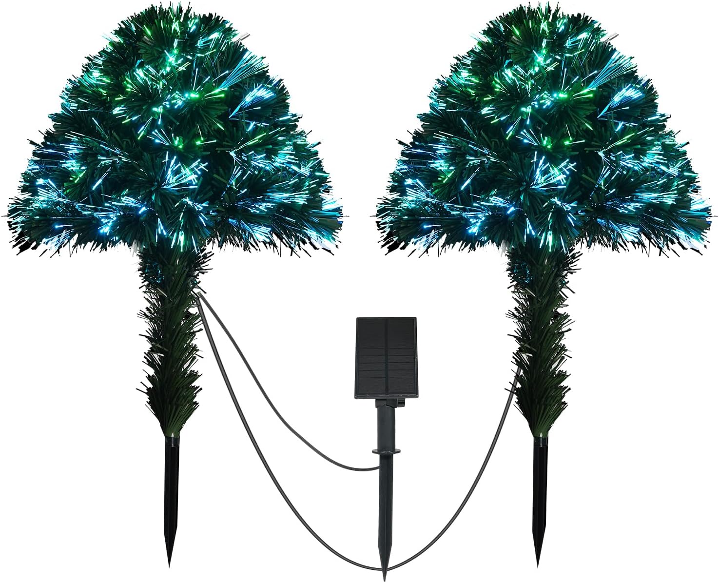 2 Pack Outdoor Christmas Tree with Lights, Fiber Optic Xmas Trees Battery Operated with Multi-Color LEDs, 24 Inch Artificial Solar Power Christmas Tree for Porch Yard Garden Christmas Decor