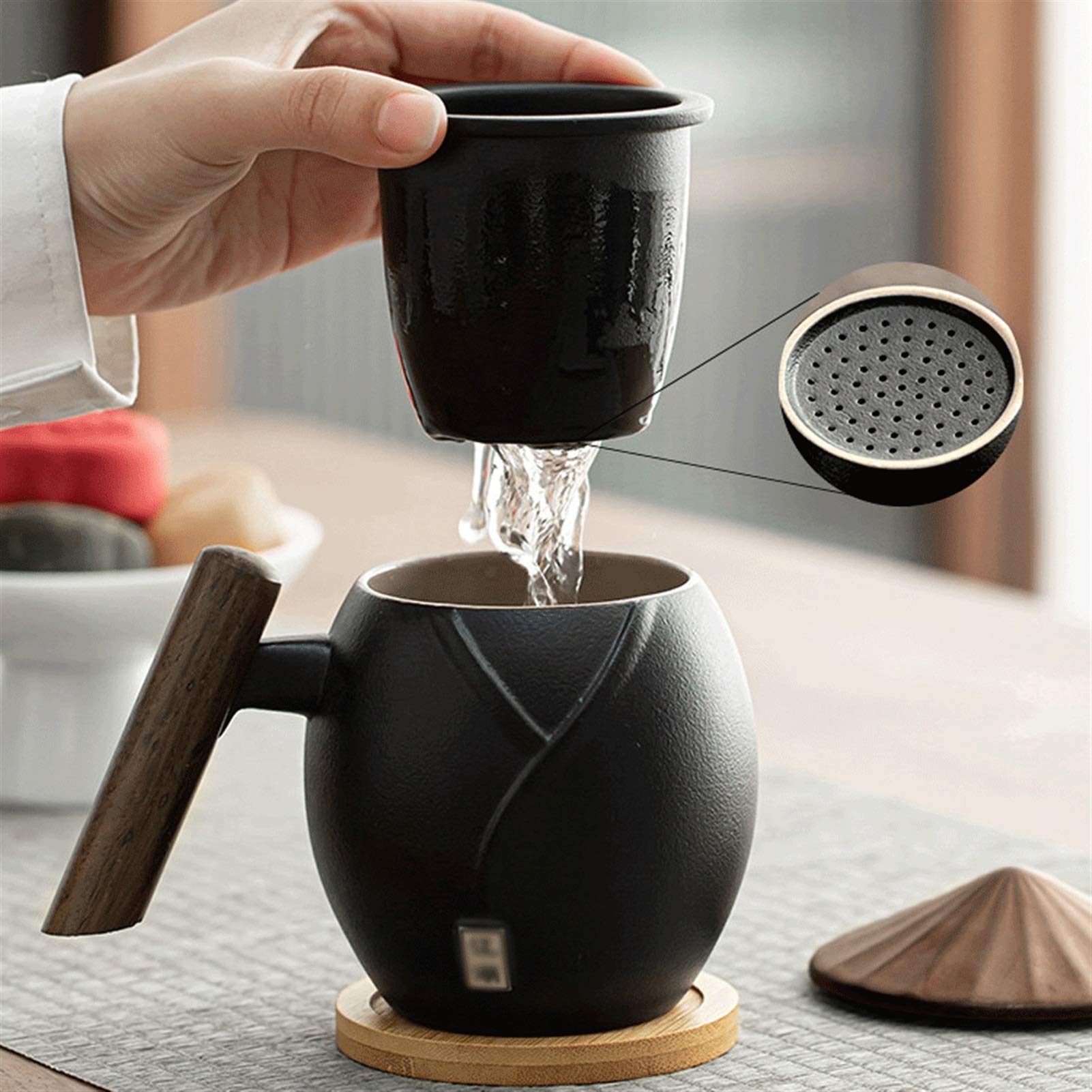 Kubek do kawy z filtrem ceramicznym z uchwytem i pokrywką | Wielokolorowy średni pojemnik 400 ml do użytku domowego, biurowego: herbata, kawa, woda pitna(Blanc)