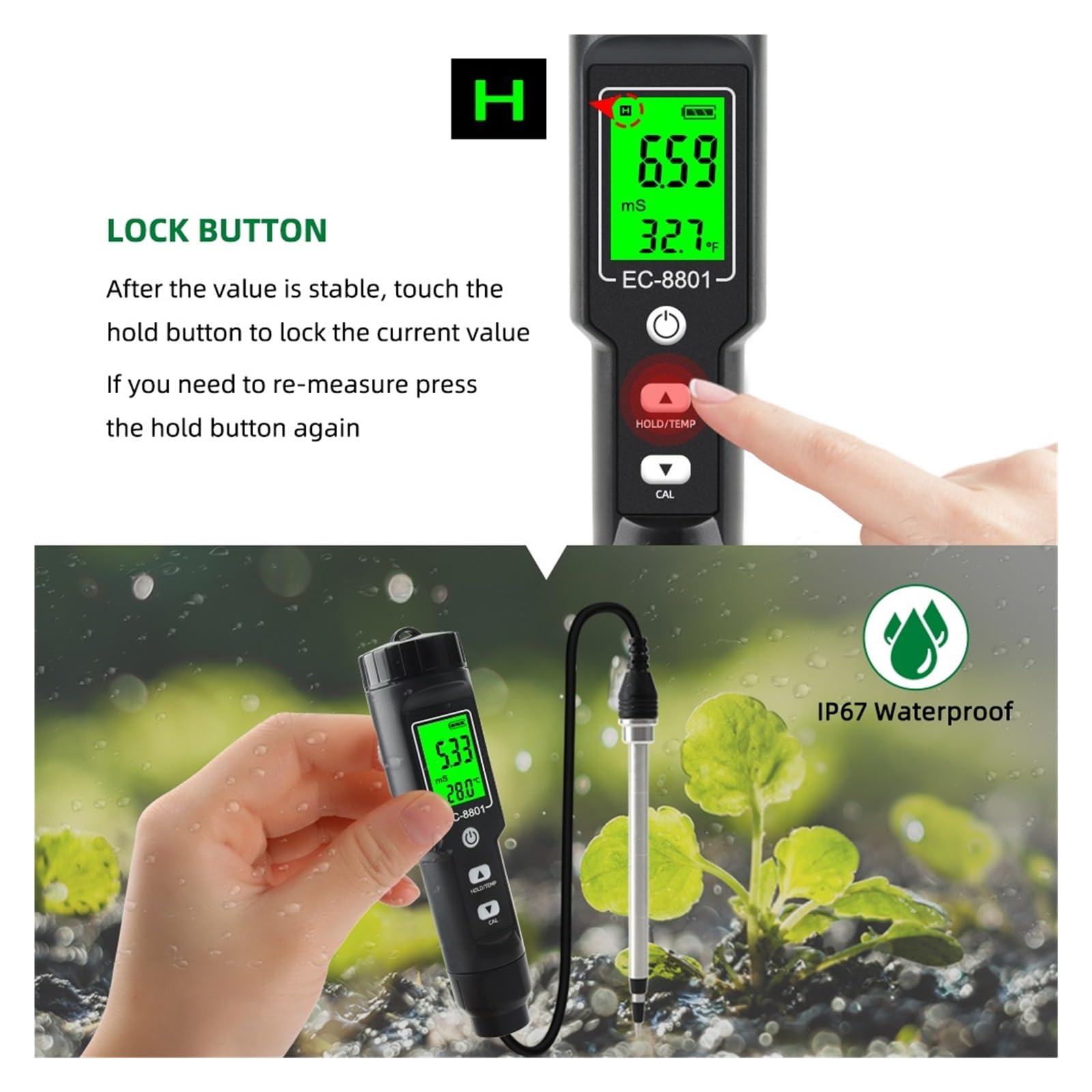 Humidimètre pour sol, Testeur de sol numérique, conductimètre, capteur de précision avec ATC for la culture hydroponique, la plantation et le jardinage Pour le jardinage et l'agriculture(EC-8801BB)