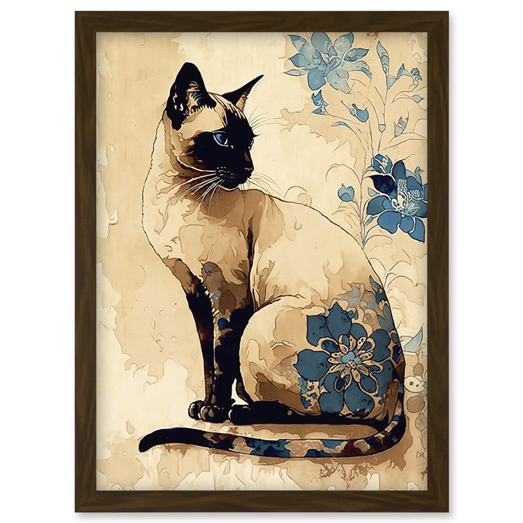 Artery8 Siamese Cat with Blue Flowers Watercolour and Ink Modern Illustration Artwork Framed Wall Art Print A4