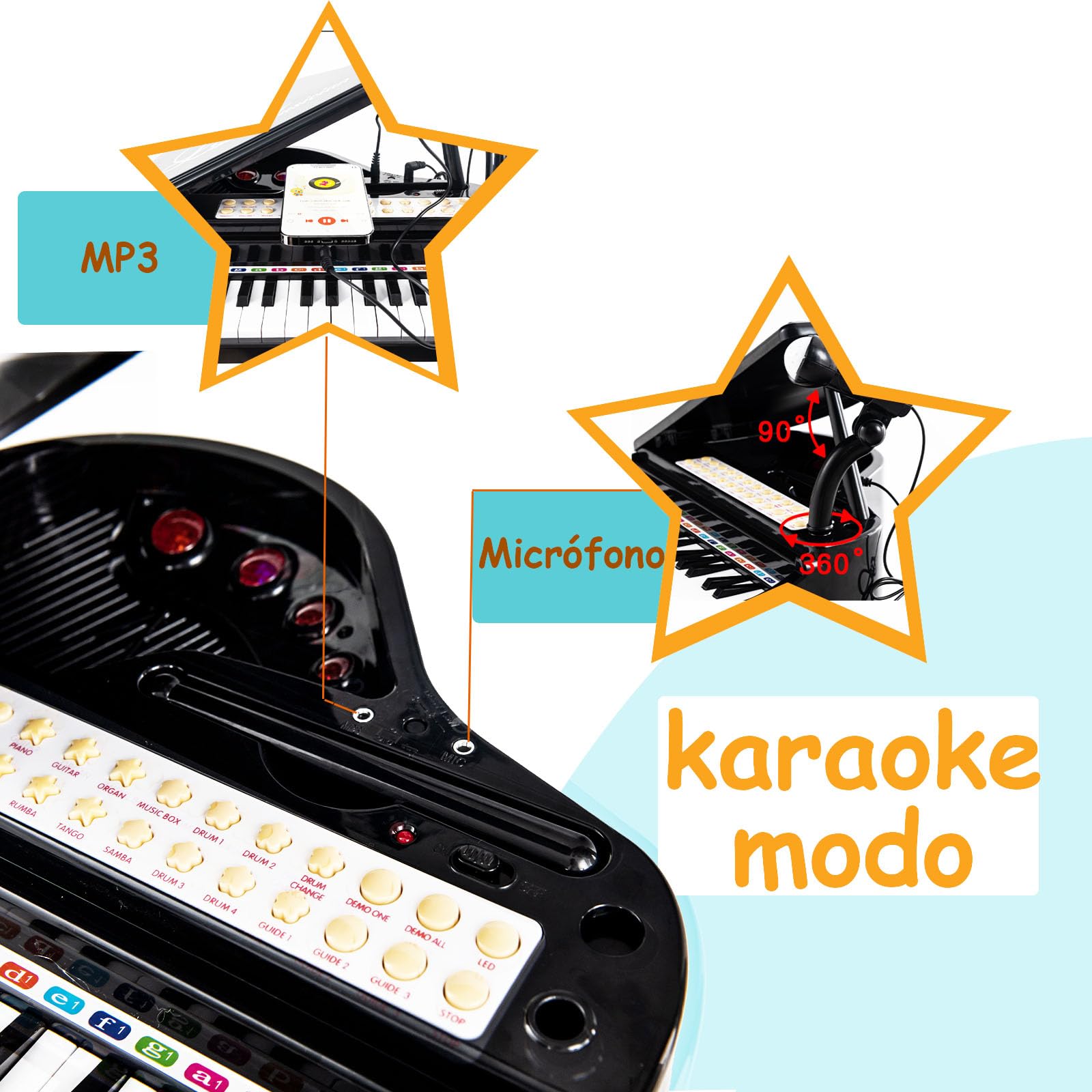 SOARS Piano de Cola Infantil 31 Teclas, Juguetes Musicales con Taburete, Piano Infantil Multifuncional con Micrófono y Luces para Guiar la Enseñanza, con Karaoke Modo, para Niños +3 Años (Negro)