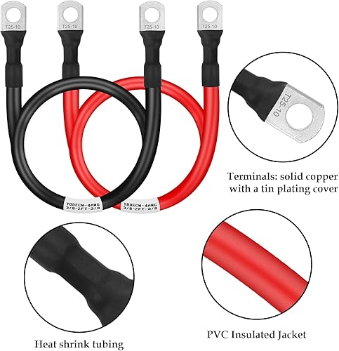 Miniatura 3 de Cable de batería de calibre 4 de 2 pies, cables inversores de energía de batería 4AWG (1 positivo y 1 negativo) con terminales de terminales de 38