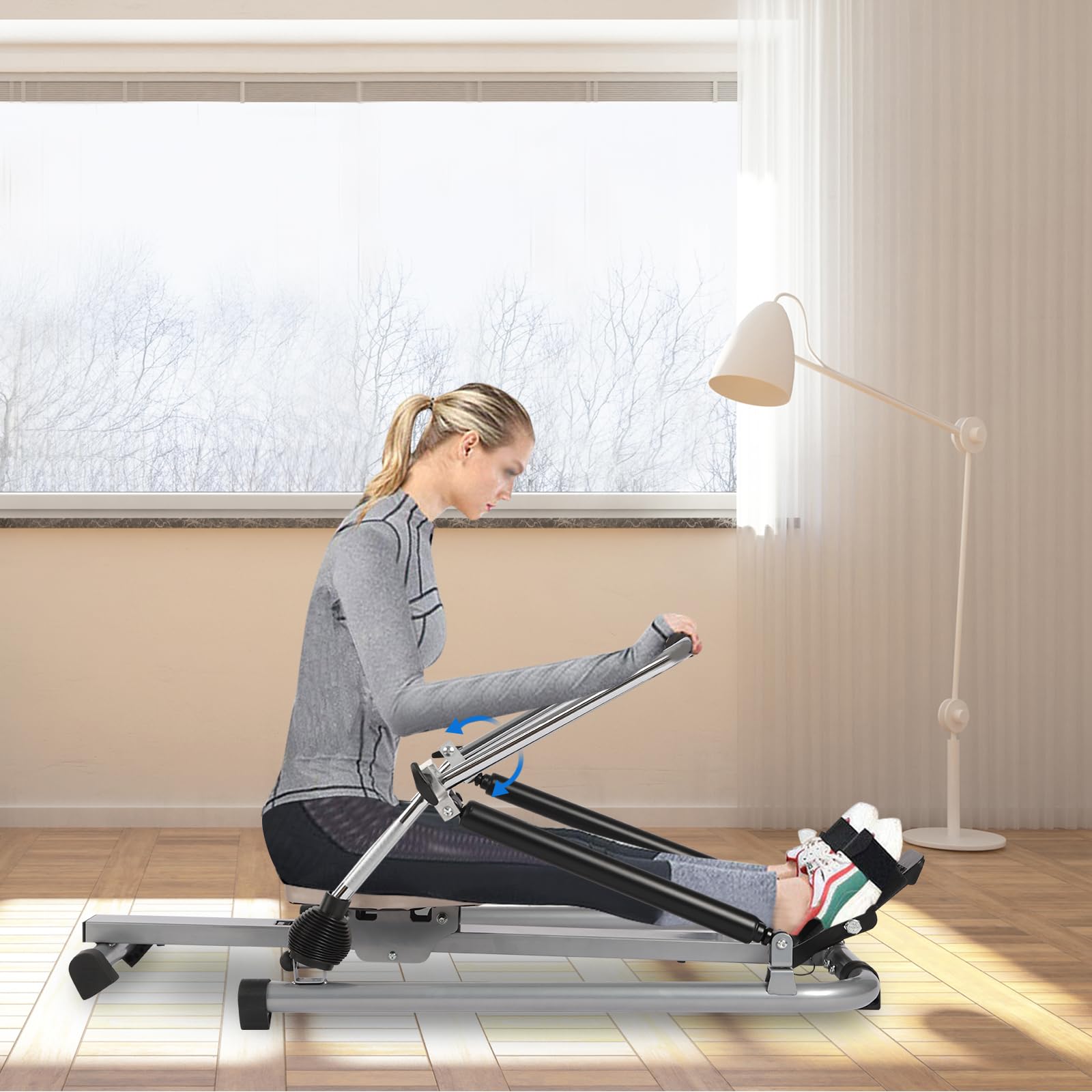 Vogatore idraulico, completamente mobile, regolabile, con resistenza a gradini da 15 a 55 kg, sedile morbido e monitor LCD e guida lunga da 45 pollici per esercizi cardio(scuro)