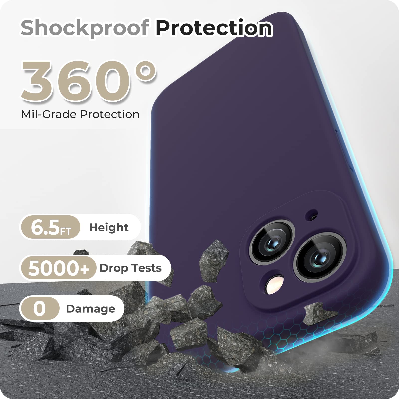 GOODVISH 3 in 1 Cover in Silicone per iPhone 14 6,1'' (2022), con 2 Pezzi di Pellicola Protettiva, Custodia per Cellulare Ultra Sottile Antiurto Resistente Protezione Fotocamera, Viola Scuro