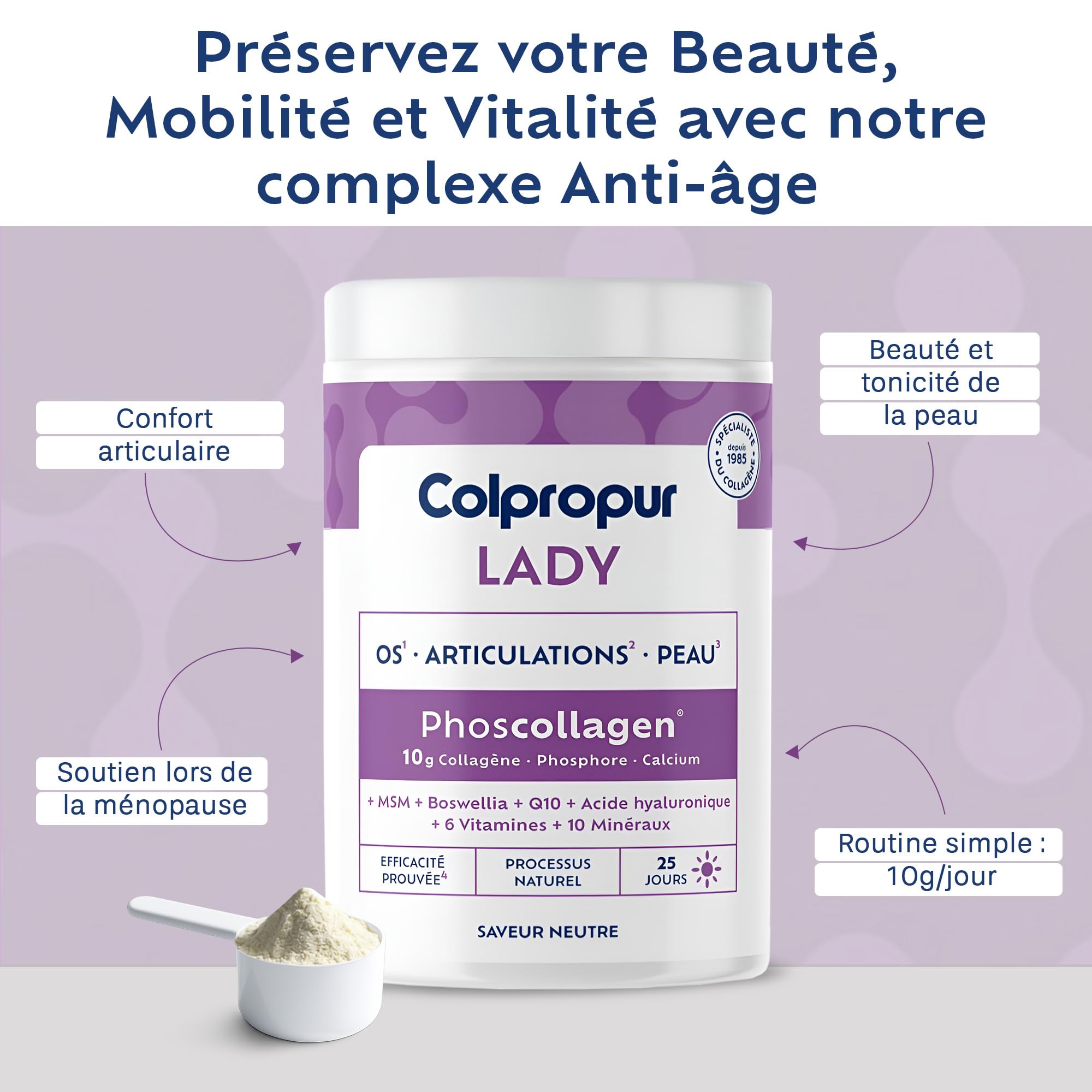 COLLAGENE Poudre Ménopause | 17 Actifs | Peau Os Articulations |sans sucre | Colpropur Lady | Complexe Phoscollagène Exclusif | Saveur Neutre | 25 doses | Anti-âge | sans OGM, sans allergènes