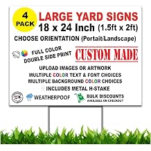 4 Pack Custom + Personalized Yard Signs, 18x24 inch, Double Sided Printing, Metal Stake Included, Outdoor Weatherproof 4