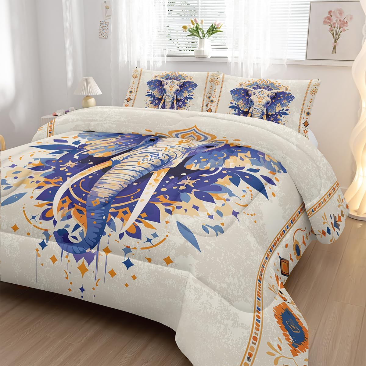 Nttopship Ethnic Elephant Comforter Bedding Set with 2 Pillowcase Queen Size Wild Animals Comforter Set for Kids Boys Girls Bedroom Decor