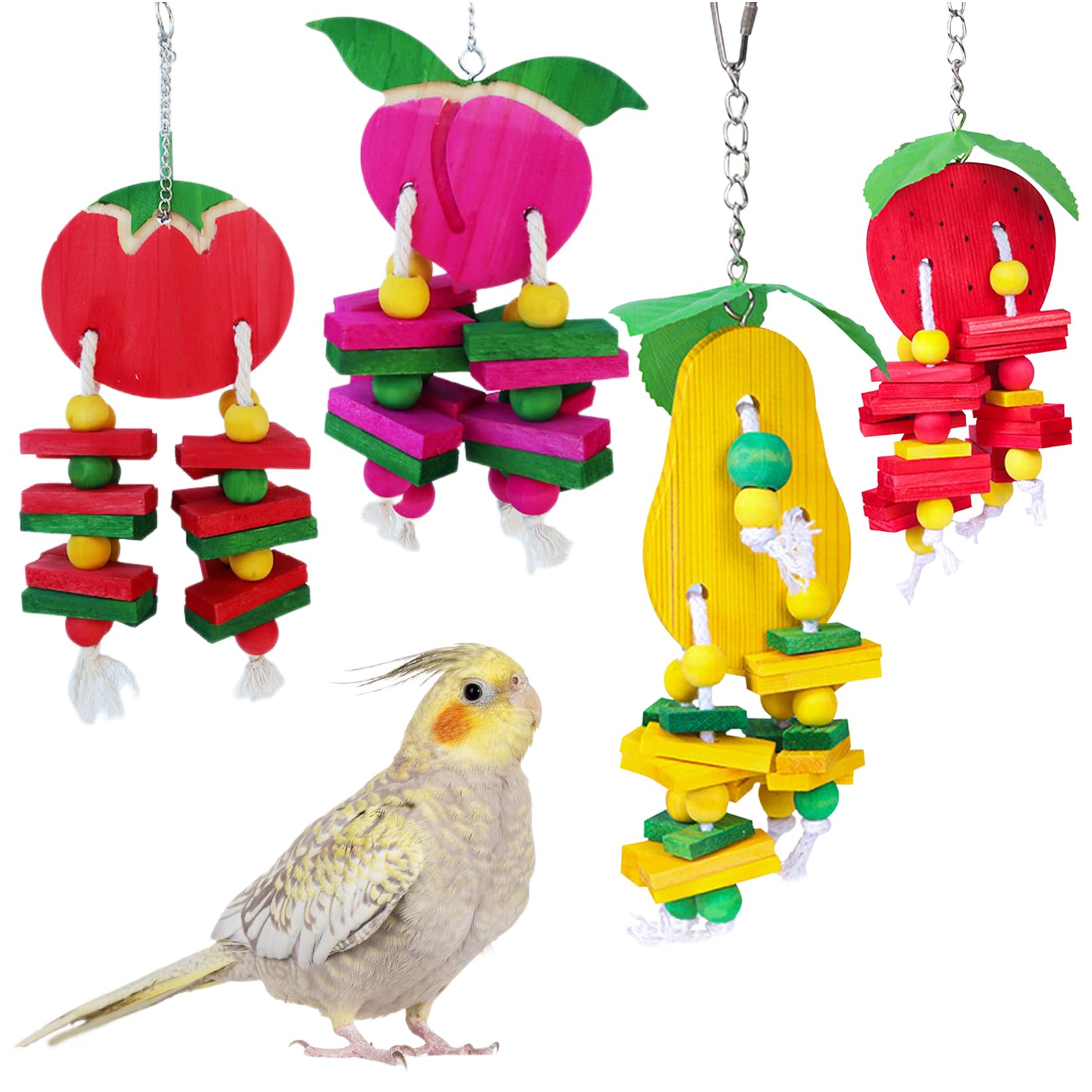 Hamiledyi Natural Wood Block Bird Cage Toys Parrot Chewing Toy Tomato&Peach&Pear&Strawberry Shaped Hanging Foraging Toy for Small&Medium Birds