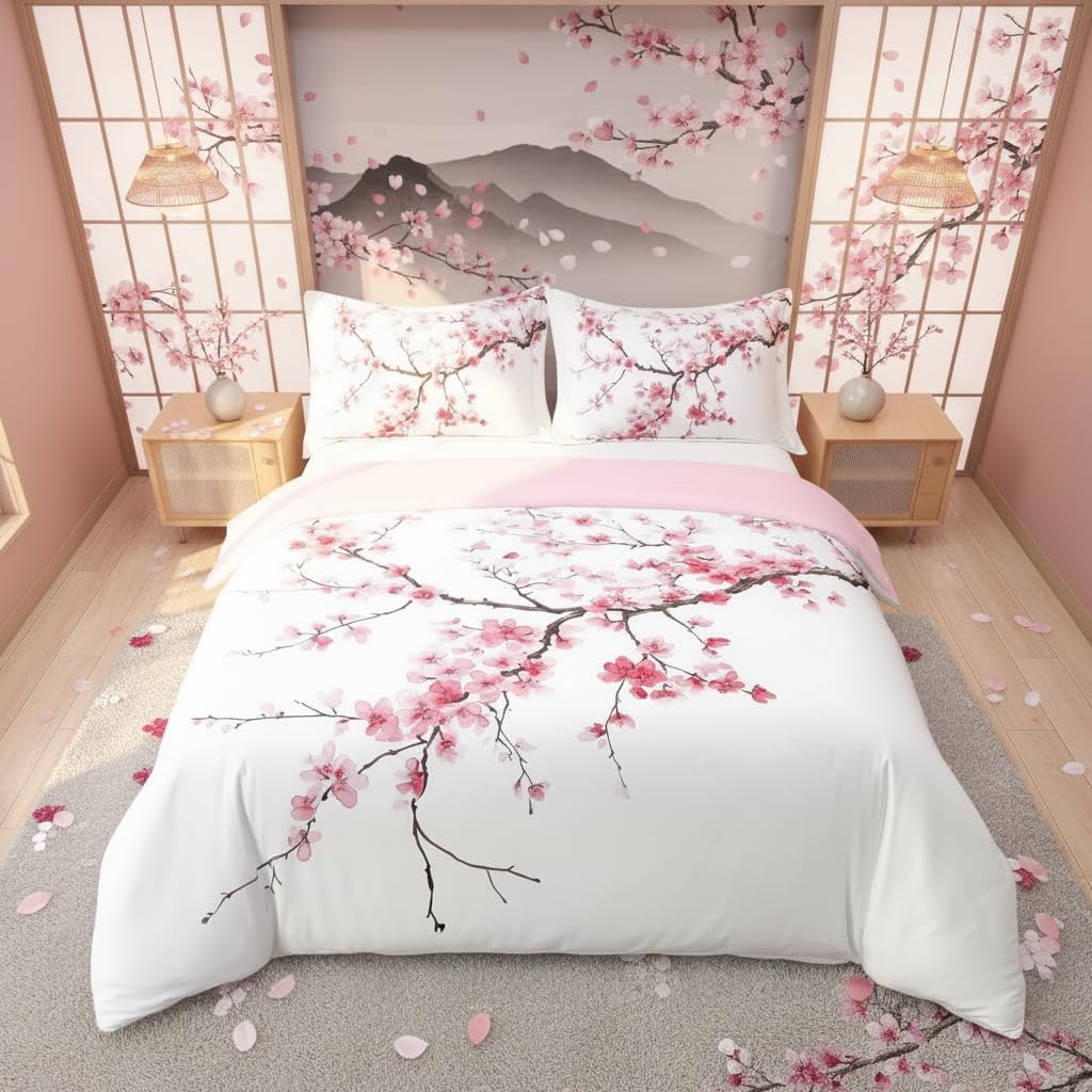 Manfei Cherry Blossom Duvet Cover 100% Cotton Twin Size,Japanese Style Pink Blooming Floral Comforter Cover(No Filler) for Room Decor,Natural Garden Pink Red Flowers Aesthetic Bedding Set,2 Pcs