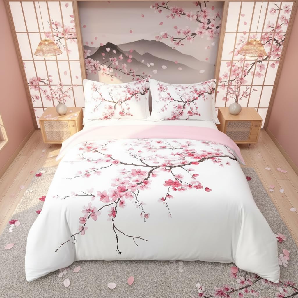 Housse de couette fleurs roses style japonais pour créer un décor de jardin naturel