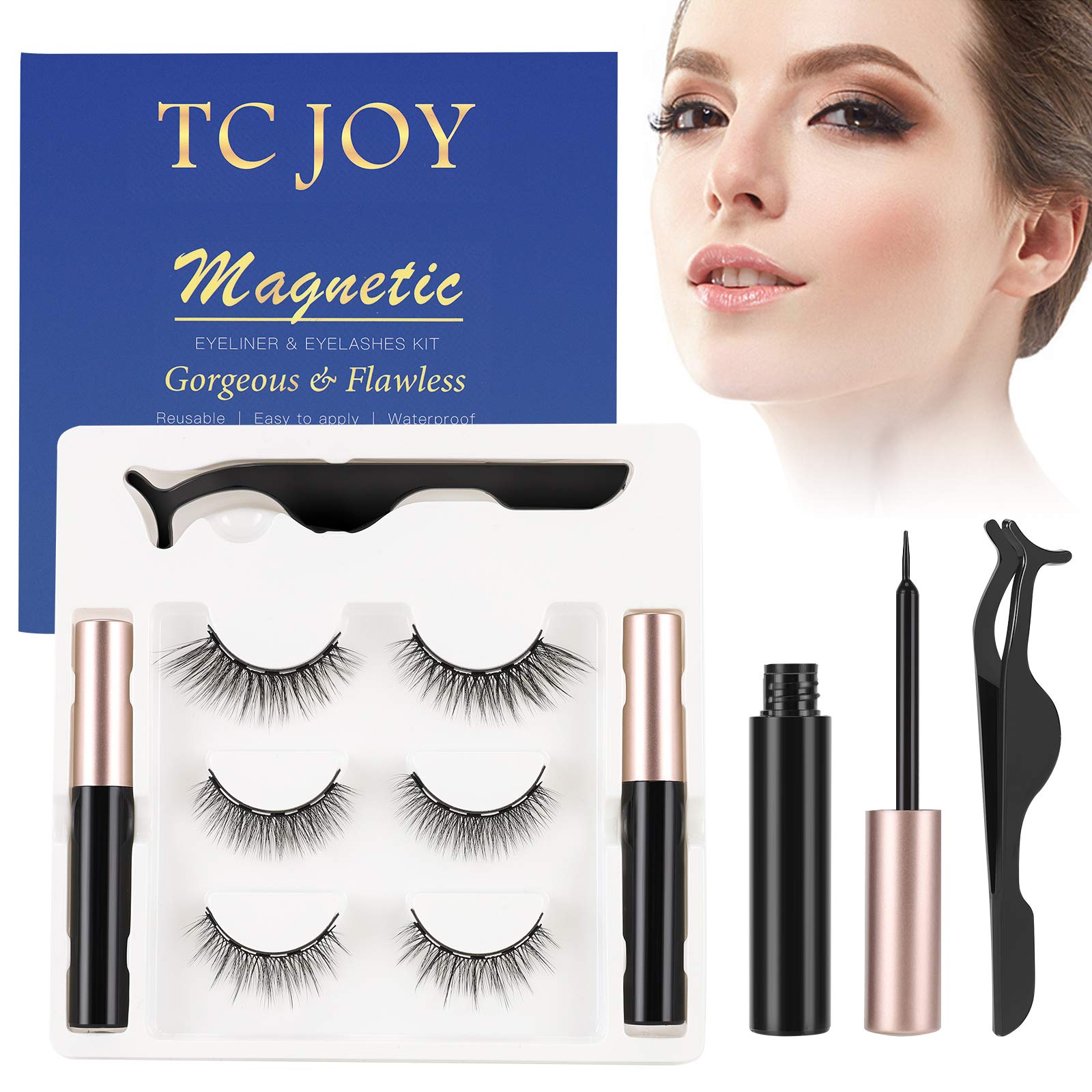 3D Reusable Magnetic Eyelashes with Eyeliners, Natural Look Magnetic Eyelashes Kit with Applicator, 3 Pairs Magnetic Lashes and 2 Eyeliners - No glue needed - TC JOY