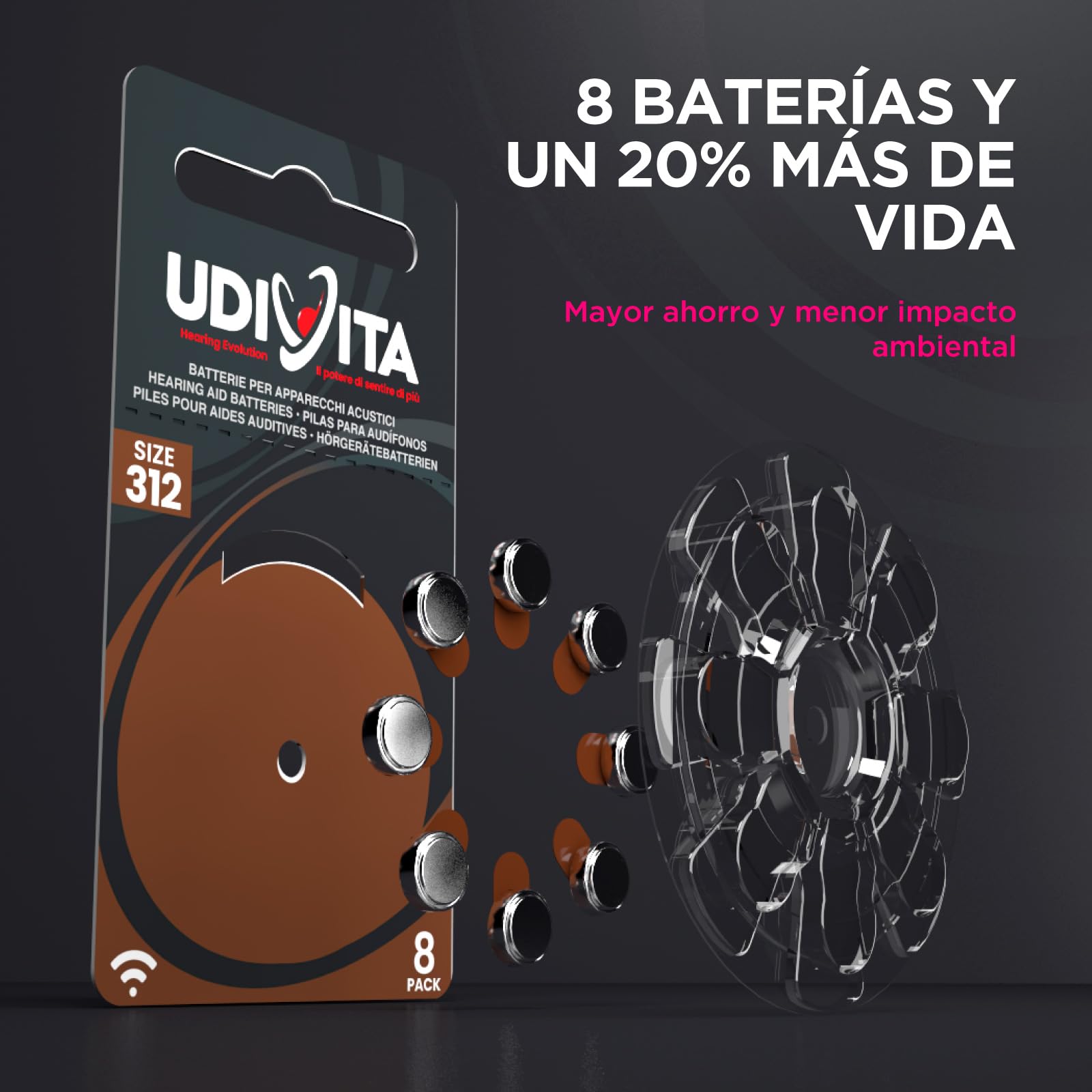 120 Pilas para Audífonos Tamaño 312 Udivita PR41 (Marrón) Zinc-Aire Hearing Evolution - 15 Blísteres de 8 Pilas