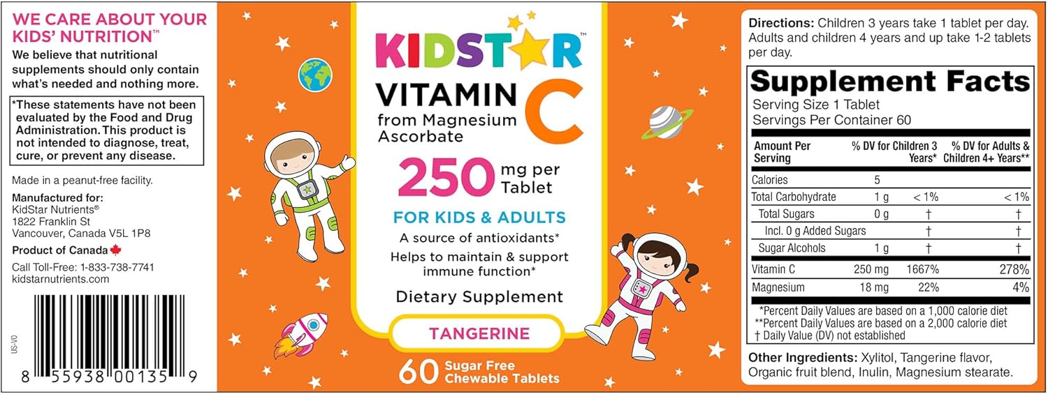KidStar Nutrients Vitamin C Chewable Tablet, Sugar-Free, Tangerine Flavor, 250mg Magnesium Ascorbate, 60 CT
